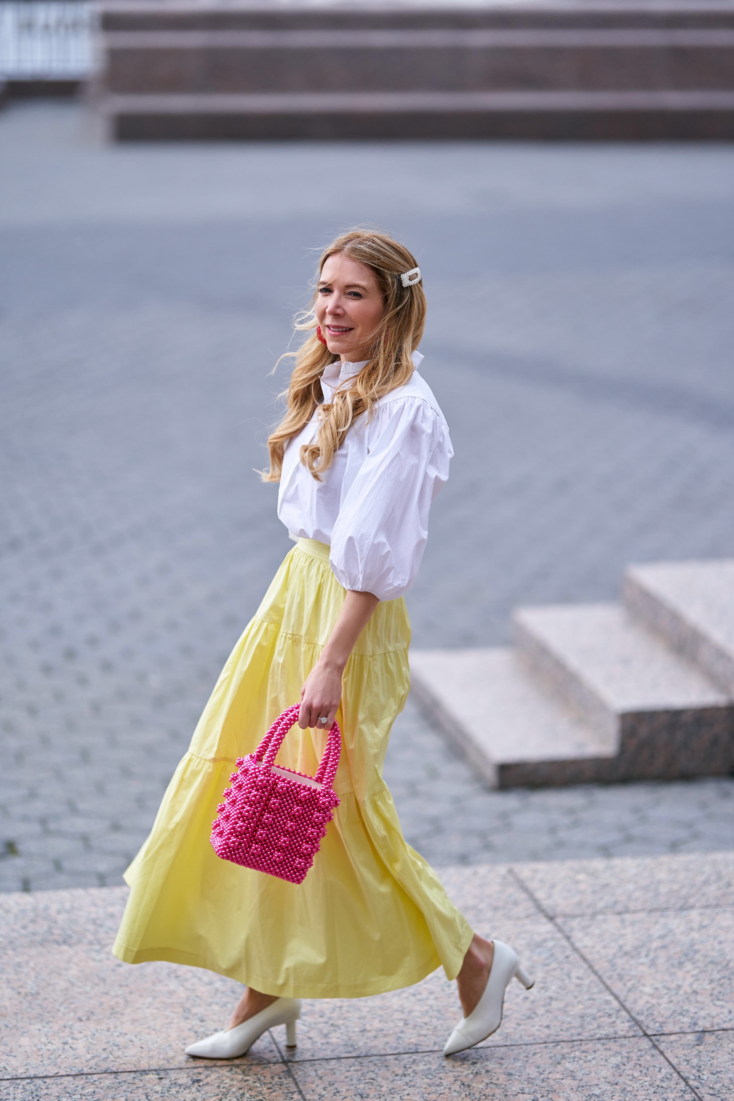 Staud yellow skirt, Shrimps bag, Barrettes hair accessories, www.abouttheoutfits.com