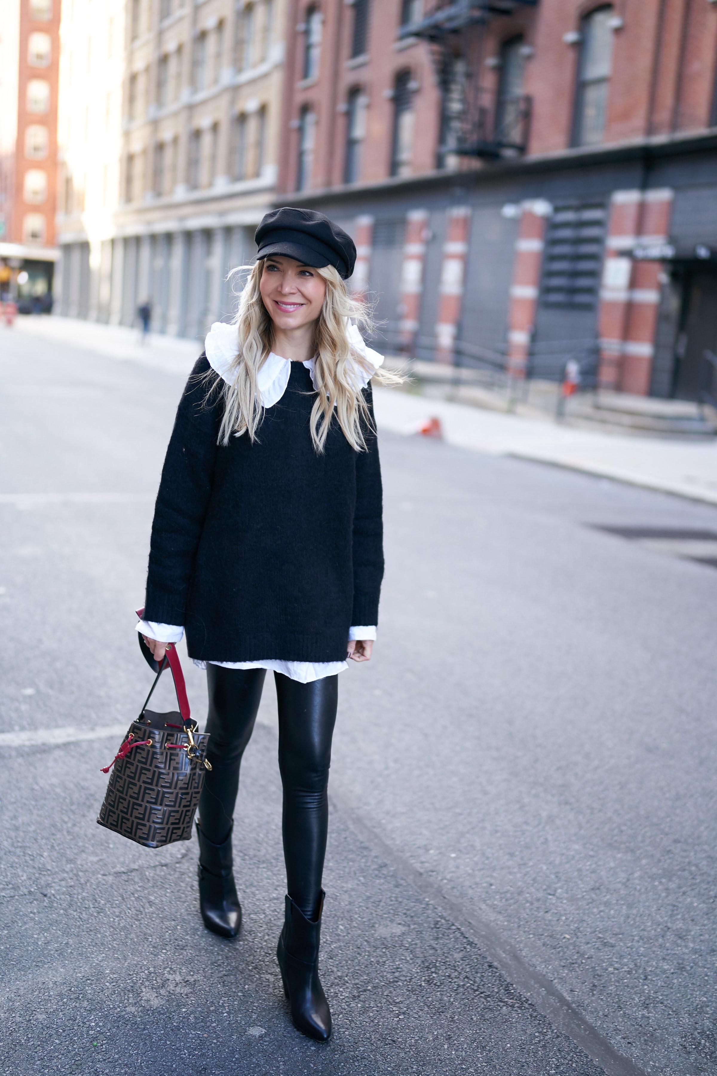 About the Outfits, Peter Pan Collar, Oversized Peter Pan Collar, Faux Leather Leggings, Newsboy Cap, www.abouttheoutfits.com, Fendi Mon Tresor, Laura Bonner, NYC fashion blogger