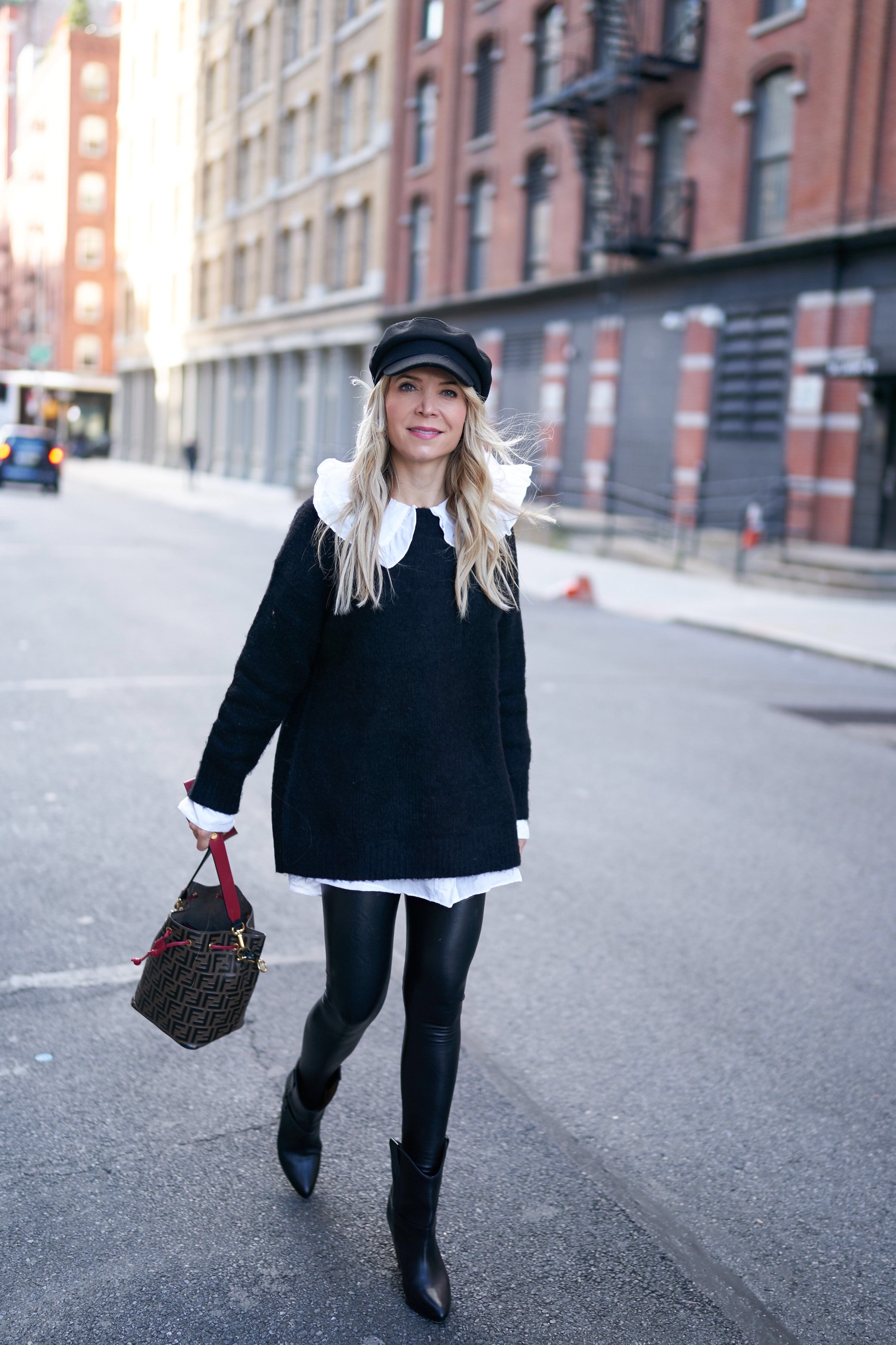 About the Outfits, Fendi Bucket Bag, Leather Leggings, Peter Pan Collar